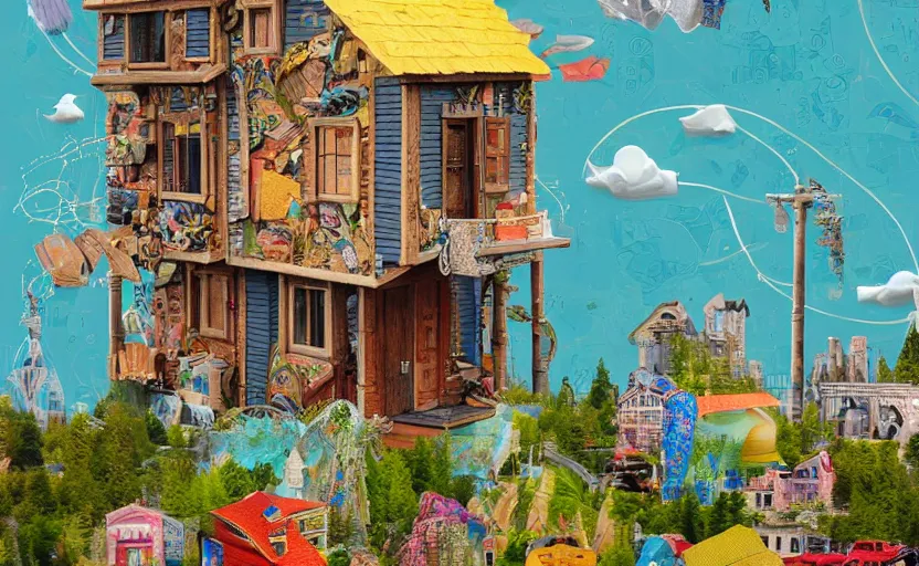 Prompt: hyperdetailed tinyhouse, seen from the distance. along a maximalist river made of paper and unexpected interesting fabric elements. 8 x 1 6 k hd mixed media 3 d collage in the style of a childrenbook illustration in soft natural tones. matte background no frame hd