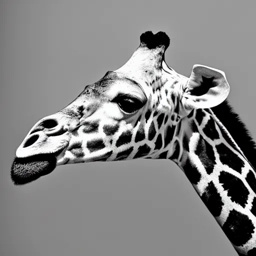 Image similar to a black and white portrait photo of a giraffe. very detailed