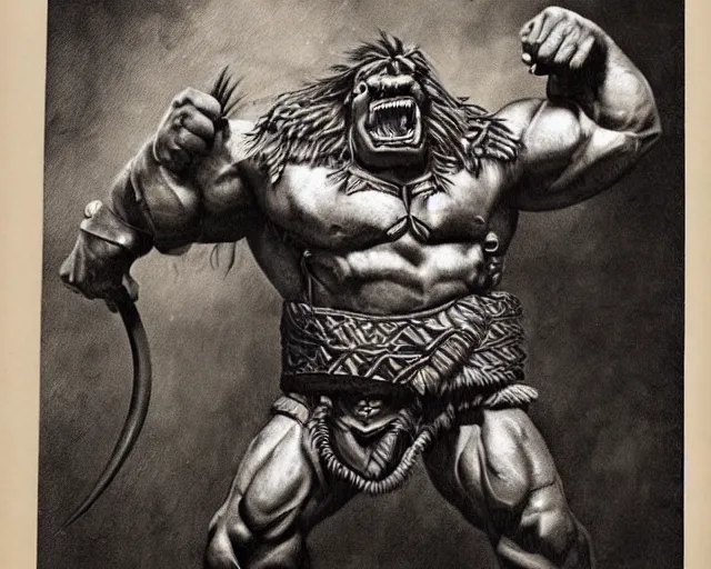 Prompt: realistic vintage photograph of a warrior ogre chieftain, tall, muscular, hulk like physique, sharp fangs and tusks, big arms, big hands, big feet, armored, tribal paint, highly detailed