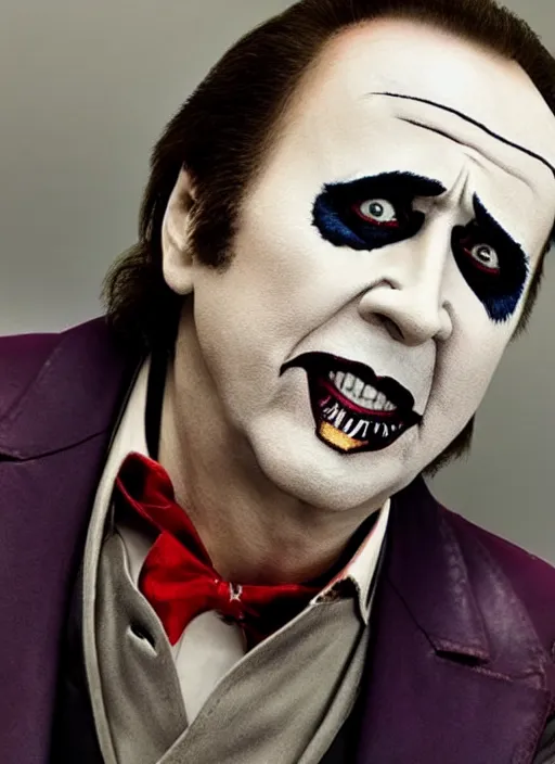 Prompt: photo of a 40-year-old Nicolas Cage (2021) as the Joker by Sergei Vasiliev, big smile, detailed, award winning, Sony a7R