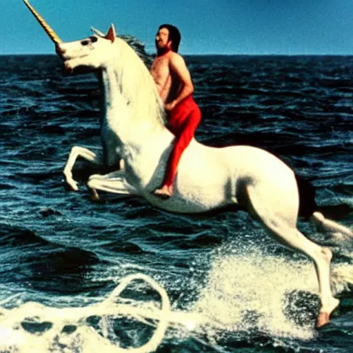 Prompt: christopher lee throwing a beautiful unicorn into the sea