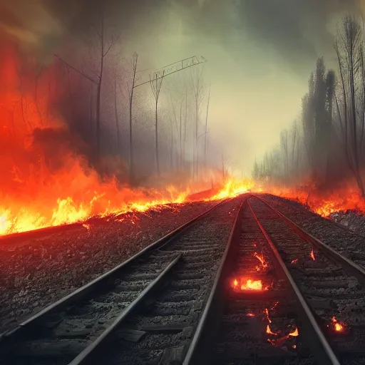 Image similar to a person at a trainwreck, devastation on the railroad, atmospheric smoke and fog, fire and flames, post-apocalyptic, Cinematic horror, high detail, 4k