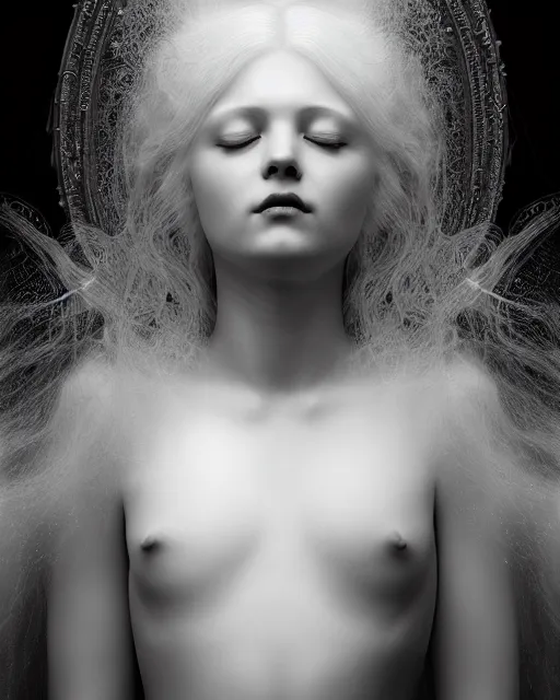 Image similar to monochrome, dreamy, subsurface scattering, white, young beautiful goddess in cosmos with very long white hair floating in air, fluid smoke art, black and white, octane render, dino valls, mark ryden, joe fenton, michal karcz, highly detailed, rim light, art, cinematic lighting, very coherent, hyper realism, 8 k
