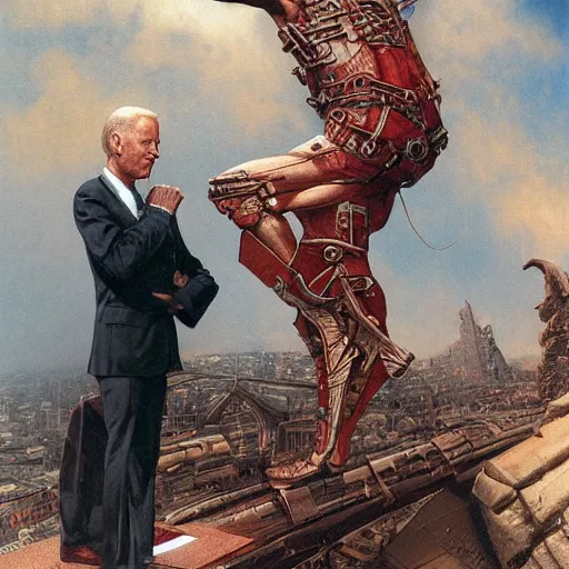 Prompt: immense, majestic, surreal, terrifying joe biden crushing buildings under his heel, perfectly clear face, by j. c. leyendecker and beksinski