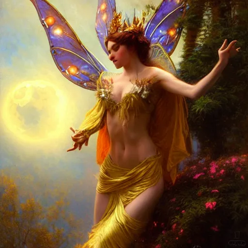 Image similar to attractive fairy queen fly high in the night, fantasy, full moon in background. hyper detailed painting by gaston bussiere, craig mullins, j. c. leyendecker, mid shot, 8 k, cryengone, cinematic lighting, beautiful,