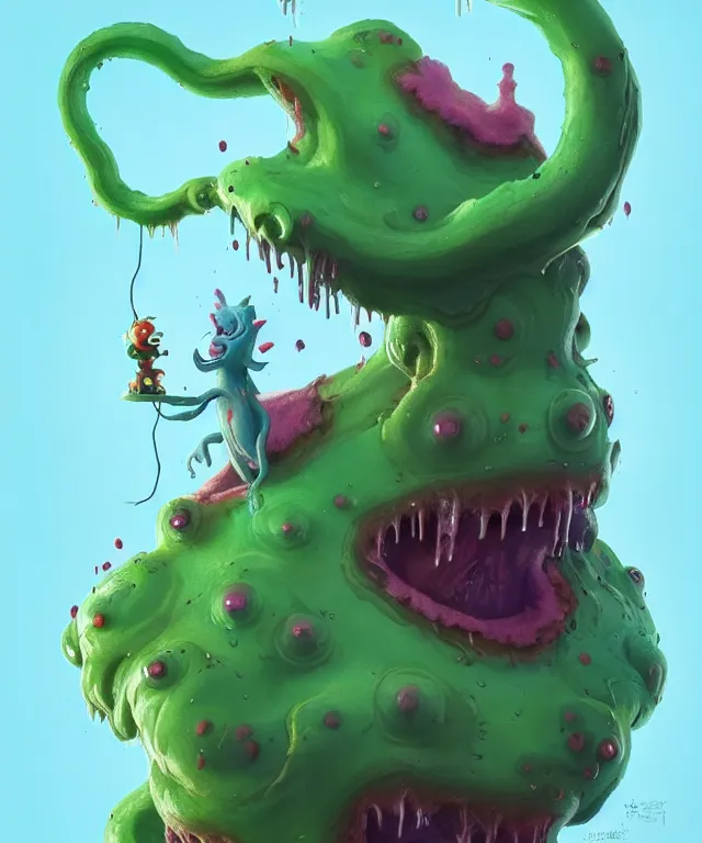 Image similar to an ooze slime creature in a dr seuss artstyle, adorable and whimsical, fantasy, elegant, crisp 8 k line work, rim light, digital painting, artstation, unreal engine, octane render, concept art, matte, sharp focus, illustration, art by james jean and justin gerard and josan gonzalez