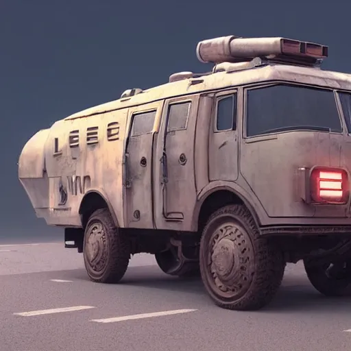 Image similar to a highly detailed epic cinematic concept art CG render digital painting artwork: dieselpunk Soviet 1980s police patrol car. By Greg Rutkowski, Ilya Kuvshinov, WLOP, Stanley Artgerm Lau, Ruan Jia and Fenghua Zhong, trending on ArtStation, subtle muted cinematic colors, made in Maya, Blender and Photoshop, octane render, excellent composition, cinematic atmosphere, dynamic dramatic cinematic lighting, precise correct anatomy, aesthetic, very inspirational, arthouse