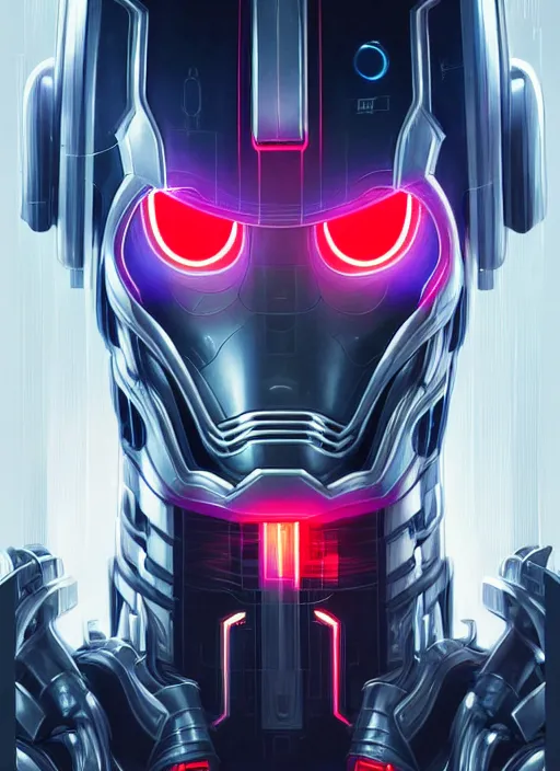 Image similar to Symmetry!! portrait of ultron, sci-fi armour, tech wear, cables, glowing lights!! sci-fi, intricate, elegant, highly detailed, digital painting, artstation, concept art, smooth, sharp focus, illustration, art by artgerm and greg rutkowski and alphonse mucha