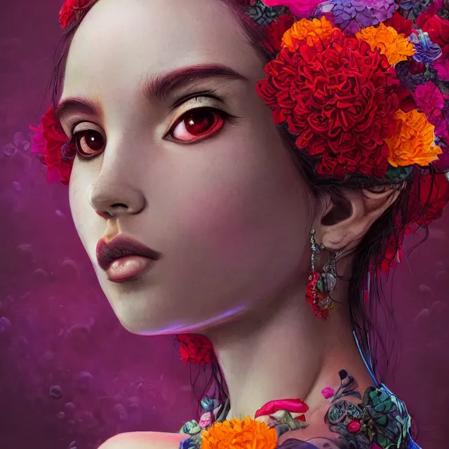 Image similar to studio portrait absurdly beautiful, elegant, lovely, young hypercolorful sensual gravure idol rubies red petals gems, ultrafine hyperrealistic detailed face illustration by kim jung gi, irakli nadar, intricate linework, sharp focus, bright colors, matte, octopath traveler, final fantasy, unreal engine highly rendered, global illumination, radiant light, intricate rainbow environment