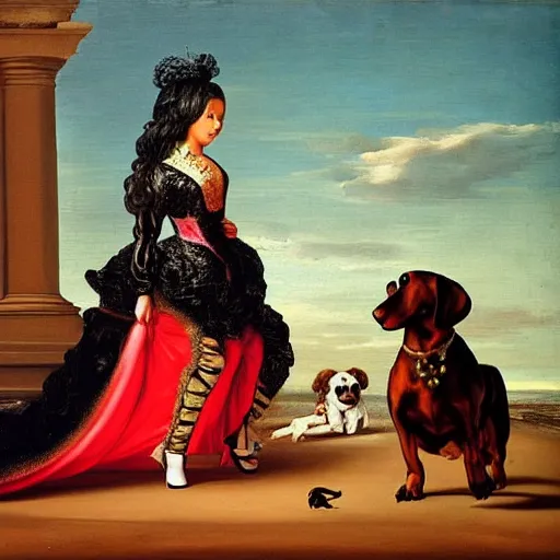 Image similar to nicki minaj walking a dachshund baroque oil painting