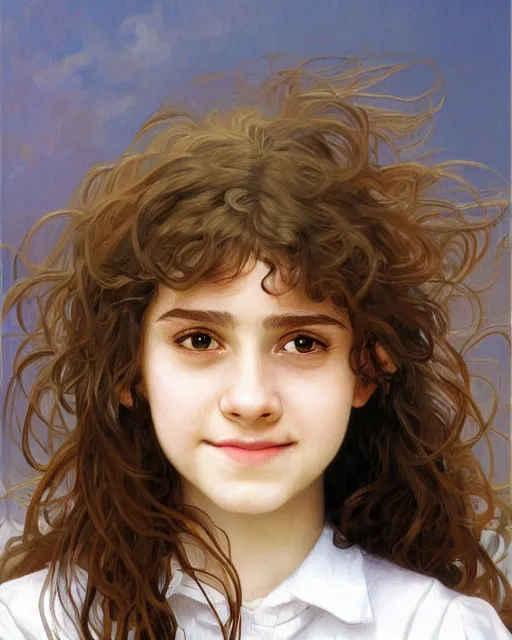 Image similar to close up portrait of 1 5 - year - old girl, smile with large front teeth, hermione granger, very bushy brown hair, and very bright brown eyes, wearing white shirt, hyper realistic face, beautiful eyes, close up, fantasy art, in the style of greg rutkowski, intricate, alphonse mucha, hyper detailed, smooth