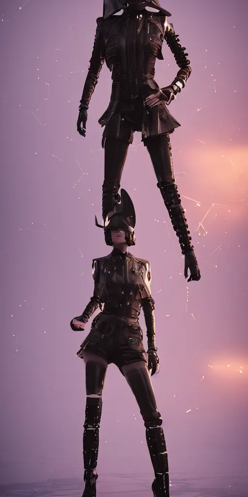 Prompt: haute couture, clothing setting for future female warrior, model standing pose, futurism, vest, leather coat, shorts, boots, electronic cat ears, cyberpunk style, render by octane and blender, hyper realistic, hyper detailed