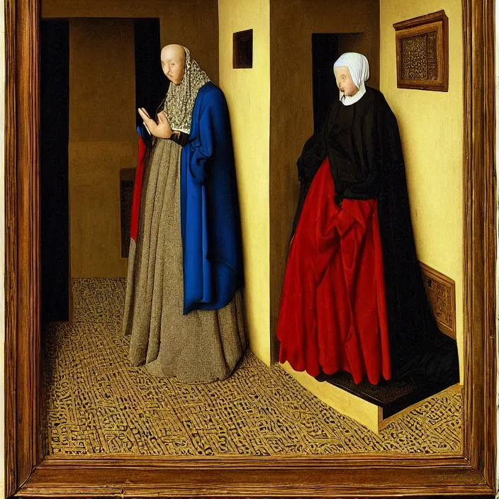 Image similar to a sad woman in a wheelchair, by Jan van Eyck