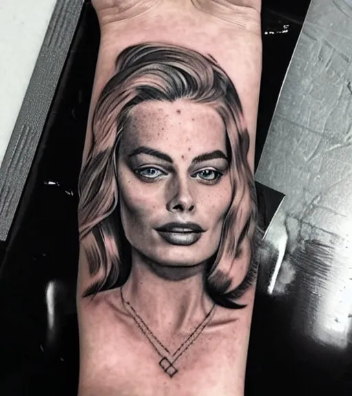 Prompt: A realistic tattoo design of margot robbie on white paper, realism tattoo design, highly detailed tattoo, shaded tattoo, hyper realistic tattoo