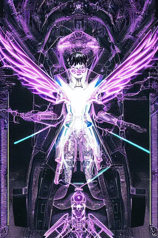 Image similar to white arc-angel with mystic robotic wings, blade runner, akira, ghost in the shell, 2077, style of Laurie Greasley and Satoshi Kon + symmetric lights and smoke, psychedelic effects , glowing particles, neon rain, glowing runes, de-noise, symmetrical composition, high detailed + tarot card, ornate border, 8k