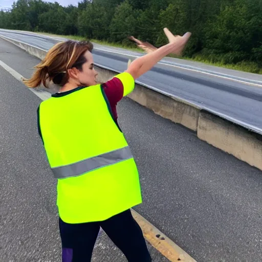 Prompt: emma watson in a hi vis vest picking up trash on the side of the interstate. paparazzi photo,