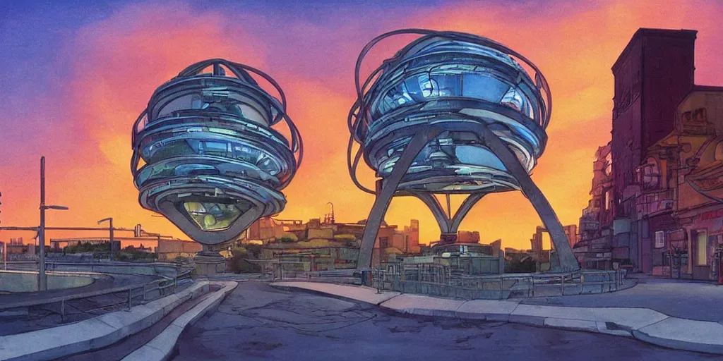 Image similar to fusion reactor helix, wonderous and magical, in an urban setting, sunset, by Studio Ghibli and Edward Hopper