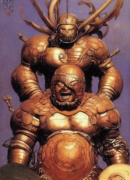 Image similar to huge morgan aste as marvel's juggernaut wearing metal helmet, dynamic, by lawrence alma tadema and jack kirby and greg staples and zdzislaw beksinski and norman rockwell and tom lovell