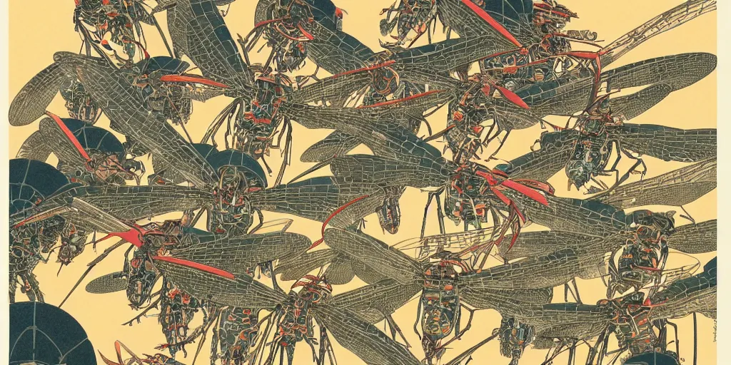 Image similar to gigantic dragonflies with human faces catch tiny robots, a lot of exotic mechas robots around, human heads everywhere, risograph by kawase hasui, satoshi kon and moebius, 2 d gouache illustration, omnious, intricate, a lot of tiny details, fullshot