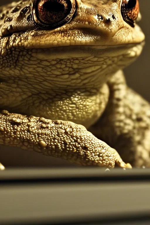 Prompt: A toad, sitting in a dark room, looking at a computer monitor, cinematic, detailed