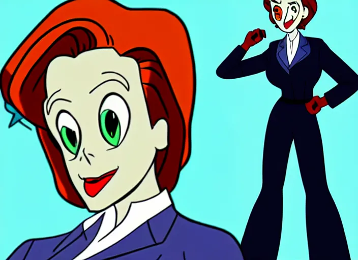 Prompt: dana scully on the real ghostbusters, shaded animation cel, anime, sharp detail, animation cel, thin linework, in the style of don bluth, bruce timm, studio trigger, 5 k, hd