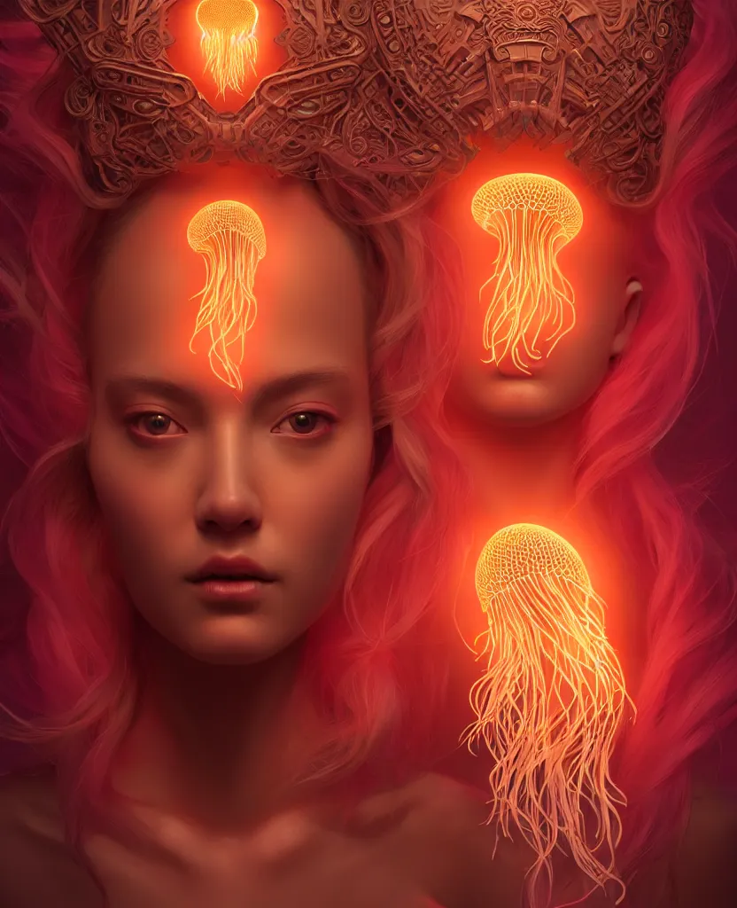 Image similar to goddess portrait. jellyfish phoenix head. intricate artwork by Tooth Wu and wlop and beeple. octane render, trending on artstation, greg rutkowski very coherent symmetrical artwork. cinematic, hyper realism, high detail, octane render, 8k