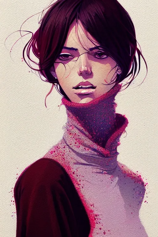 Prompt: a ultradetailed painting of a stylish woman wearing a turtleneck by conrad roset, greg rutkowski and makoto shinkai trending on artstation