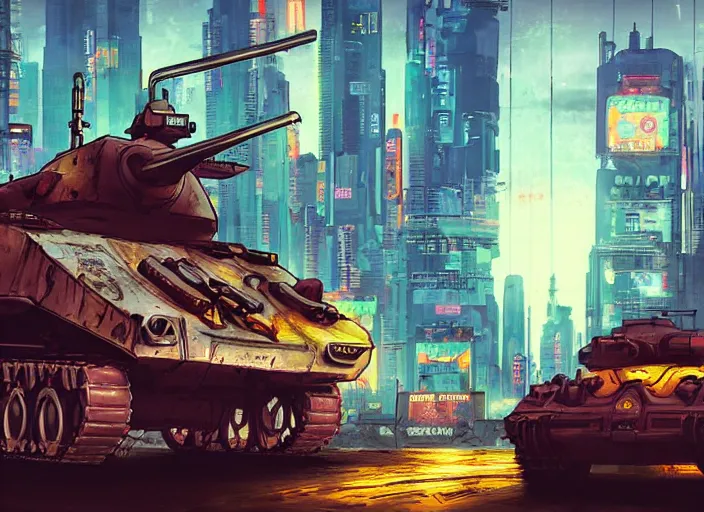 Image similar to A tank in a cyberpunk city, detailed, warm colours