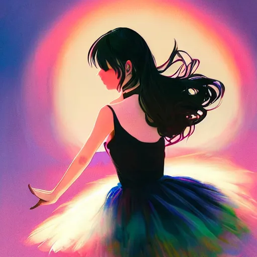 Image similar to portrait of a beautiful girl with dark hair dressed as a ballerina, standing on a ball, rich vivid colors, ambient lighting, dynamic lighting, 4 k, hq, official media, anime key visual, makoto shinkai, ilya kuvshinov, lois van baarle, rossdraws, detailed, trending on artstation