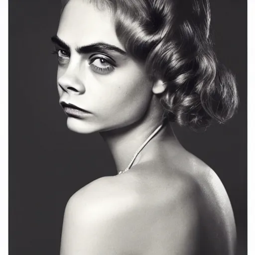 Prompt: photo of a gorgeous 20-year-old Cara Delevingne 1900s hairstyle by Mario Testino, detailed, head shot, award winning, Sony a7R -