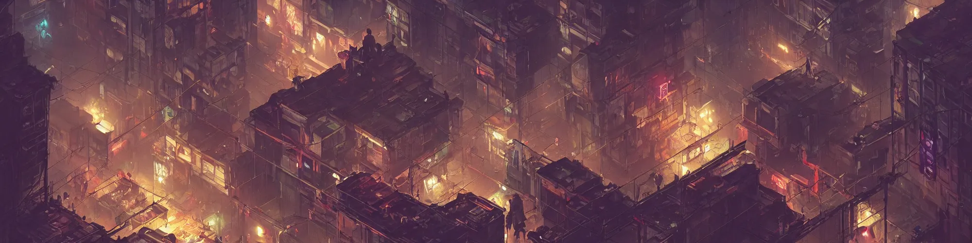 Image similar to an isometric cyberpunk slum, bright lights, by greg rutkowski and games gurney, trending on artstation