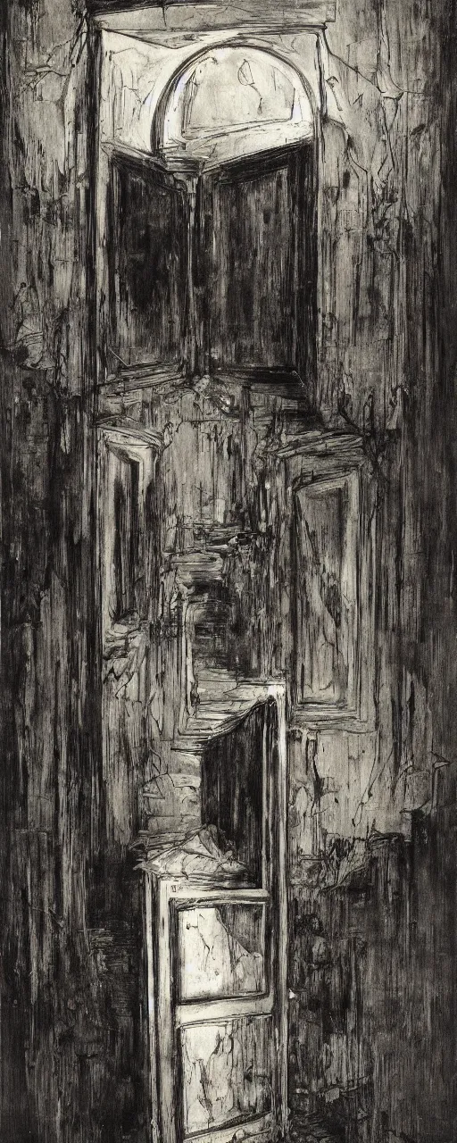 Image similar to searching for the hidden door, by bernard buffet and stephen gammell and emil nolde, 8 k, trending on artstation