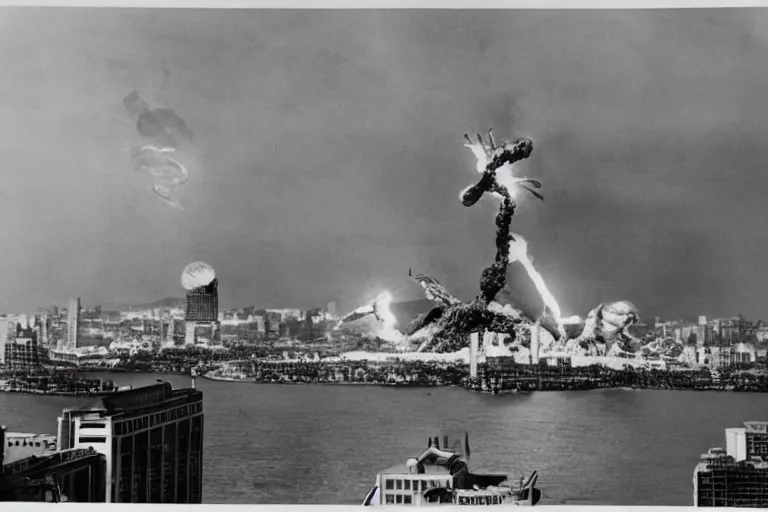 Image similar to a filmstill of Kim Jong-il and a Starro Kaiju monster destroying Pyongyang, in Godzilla (1954) by Ishirō Honda, traditional Korean city, palace, epic ultrawide shot, cinémascope