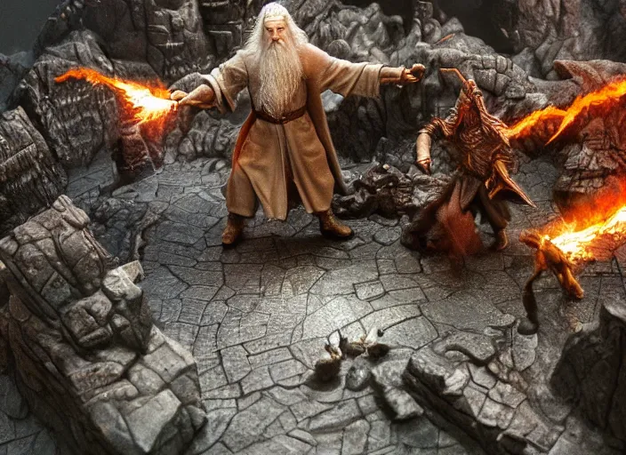 Prompt: A diorama of Gandalf fighting the balrog, tilt shift, detailed