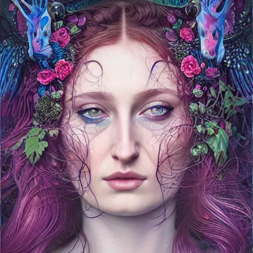 Image similar to portrait of sophie turner, hyper detailed masterpiece, neon floral pattern, jean giraud, digital art painting, darkwave goth aesthetic, psychedelic, artgerm, donato giancola and tom bagshaw