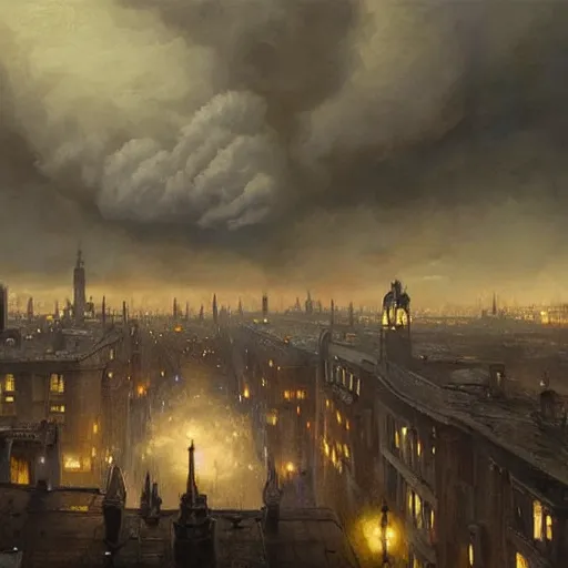 Prompt: Hyper realistic painting of a victorian city covered my smog, dark fantasy, dark clouds above with moonlight shining through them, industrial buildings, view from above, by Greg Rutkowski