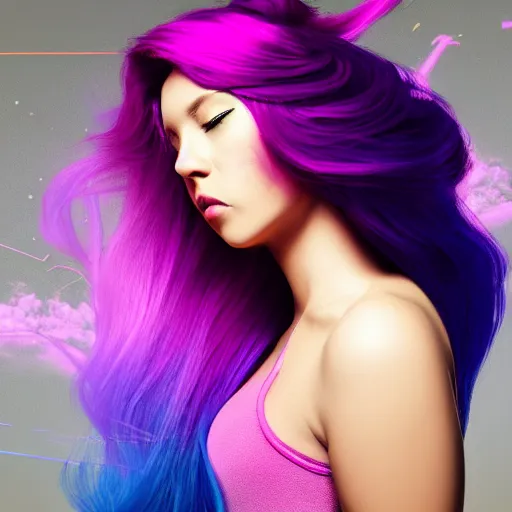 Image similar to a award winning half body portrait of a beautiful woman in a croptop with a ombre purple pink teal hairstyle with head in motion and hair flying, outrun, vaporware, vivid colors, highly detailed, fine detail, intricate