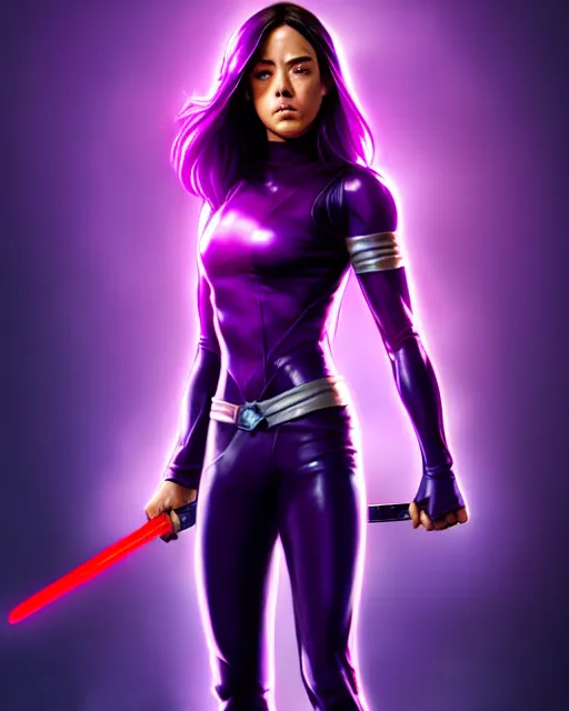 Image similar to Psylocke Chloe Bennet long hair, holding purple Halo energy sword, realistic character concept, action pose, comic book, illustration, slender symmetrical face and body, artstation, cinematic lighting, hyperdetailed, artgerm, 8k, Rafeal Albuquerque comic book art, single face, insanely detailed and intricate, beautiful