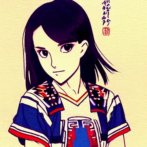 Image similar to a beautiful! boyish! natalie portman alluring gravure! model, wearing japanese school girl outfit with mayan pattern and native style, aztec street fashion, gapmoe yandere grimdark, trending on pixiv fanbox, painted by greg rutkowski makoto shinkai takashi takeuchi studio ghibli, akihiko yoshida