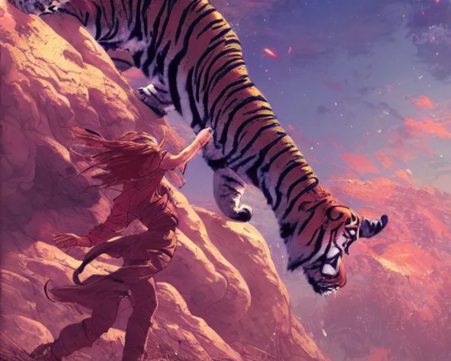 Prompt: a girl fighting a tiger, full shot, ambient lighting, detailed, art by ayami kojima, makoto shinkai, kilian eng