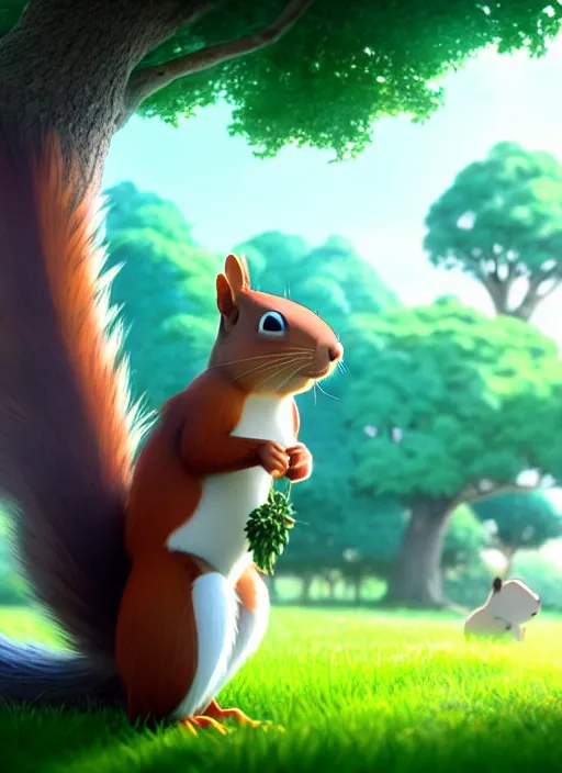 Image similar to a wholesome animation key shot of a squirrel, oak tree in the background, studio ghibli, pixar and disney animation, sharp, rendered in unreal engine 5, anime key art by greg rutkowski, bloom, dramatic lighting