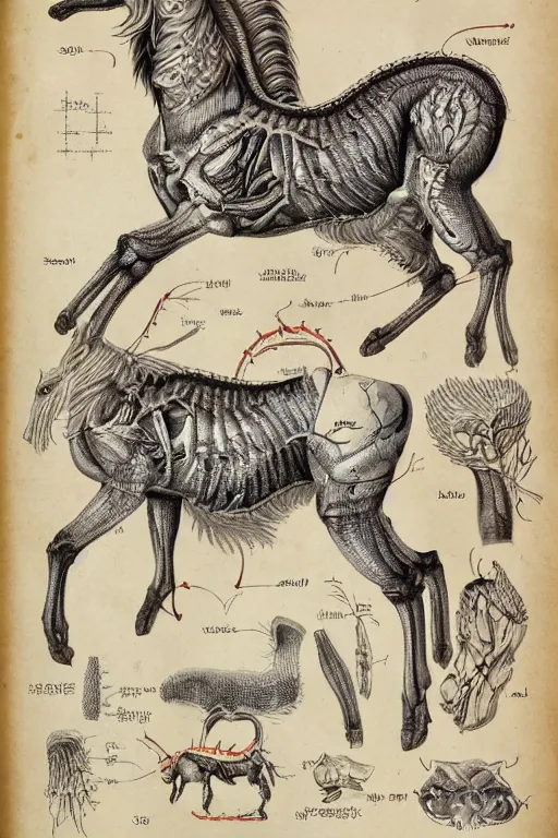 Image similar to anatomical encyclopedia illustration of a kirin, photorealistic, diagram, intricate details