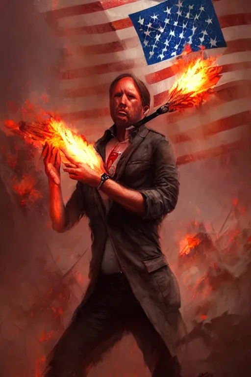 Image similar to character art by bastien lecouffe - deharme, alex jones from infowars, bullhorn on fire, on fire, fire powers, american flag