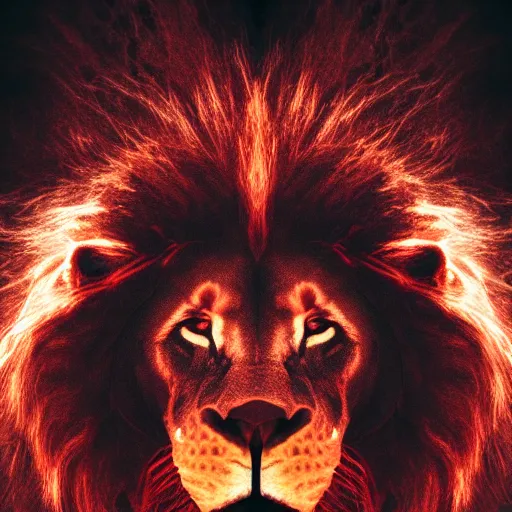 Prompt: anonymous lion face, closeup of face, volumetric lighting, face encircled by fire, crimson - black color scheme