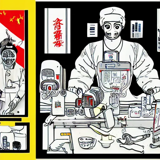 Image similar to chinese surgery operating table, in the style of daniel johnston and simon stålenhag and outsider art, 8k, line brush, overlaid with chinese adverts