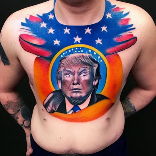 Image similar to tattoo of donald trump holding the universe, black, blue orange, and white ink, detailed, hyperrealistic trending on artstation