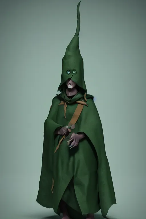 Prompt: A cute shaman with no nose, glowing eyes and a very long hooded dark green cloak of leaves by Julien Kaspar, 3D render, stylized, Cycles Render