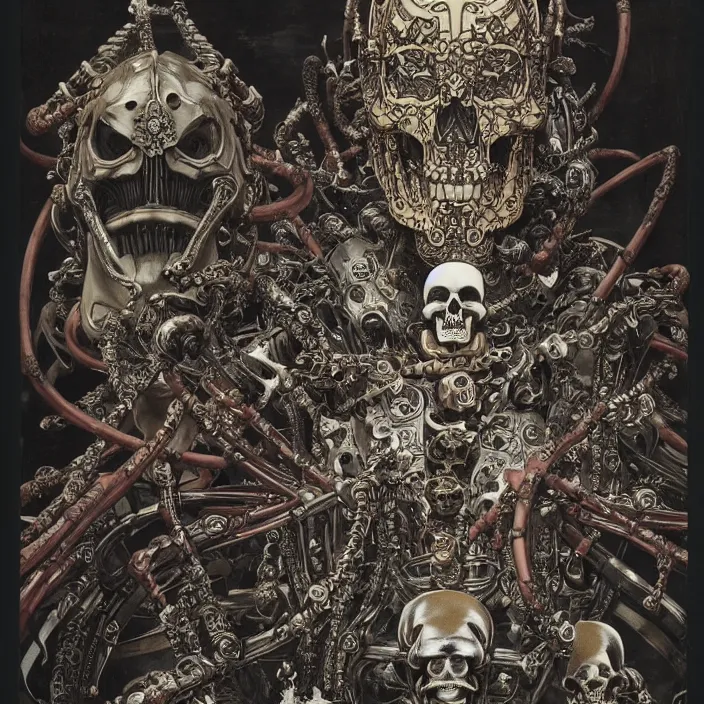 Image similar to still frame from Prometheus by Utagawa Kuniyoshi, lich king Dr doom in ornate bio cybernetic bone armour and skull mask in hells organic bioship by Wayne Barlowe by peter Mohrbacher by Giger, dressed by Alexander McQueen and by Neri Oxman, metal couture hate couture editorial