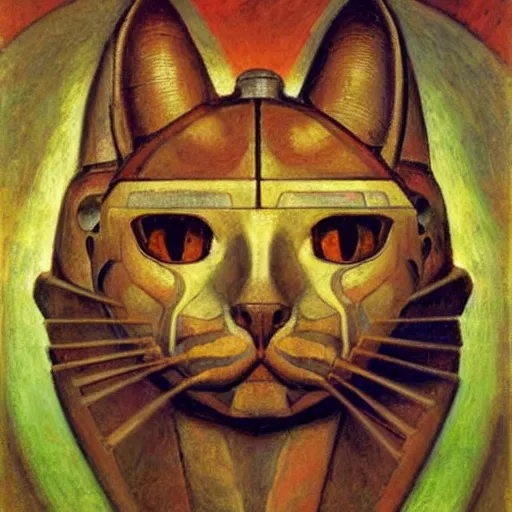 Prompt: masterpiece painting of a mechanical robot cat head, by annie swynnerton and diego rivera and nicholas roerich and jean delville, symbolist, dramatic lighting, god rays, elaborate geometric ornament, art brut, rich colors, smooth, sharp focus, extremely detailed, adolf wolfli and ( donato giancola )