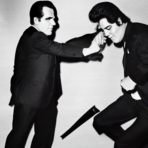 Prompt: an award winning photograph of Richard Nixon and Elvis Presley fighting crime, Life magazine